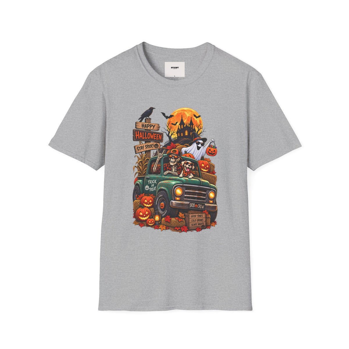 Halloween Truck Graphic T‑Shirt — Happy Halloween Ghosts & Pumpkins Design
