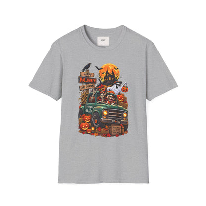 Halloween Truck Graphic T‑Shirt — Happy Halloween Ghosts & Pumpkins Design