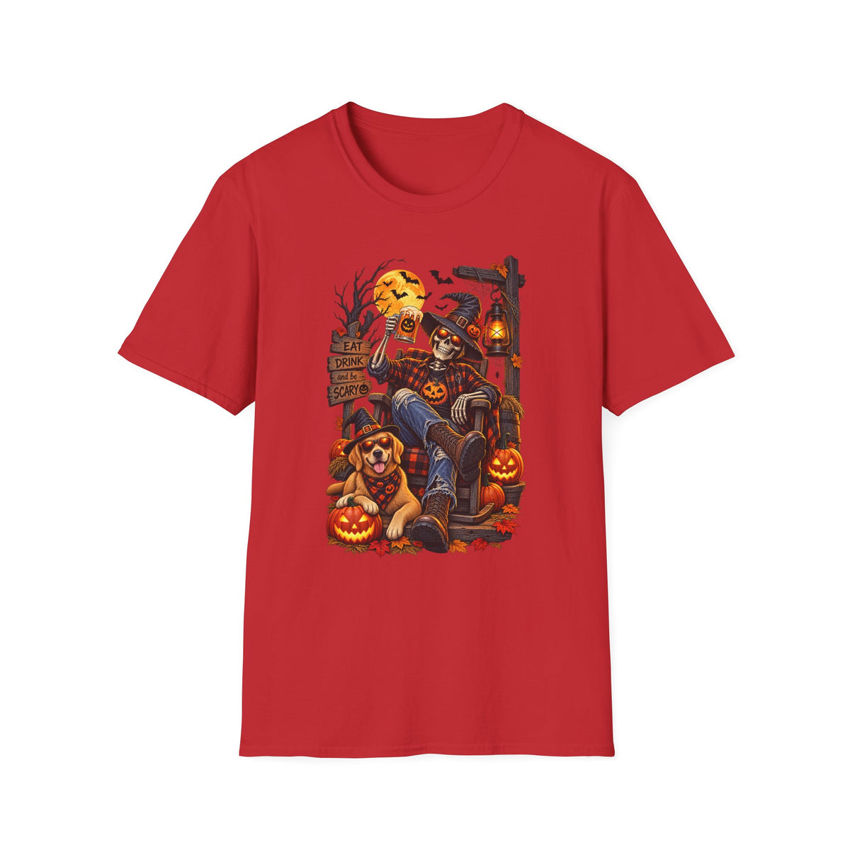 Halloween Skeleton Lounge T-Shirt — "Eat Drink & Be Scary" Graphic Tee