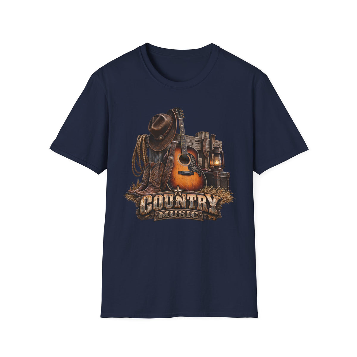 Country Music Guitar T-Shirt — Rustic Cowboy Hat & Lantern Graphic