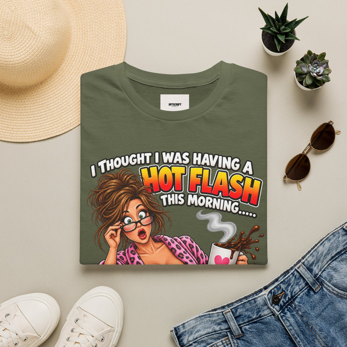Hot Flash Coffee Tee — Funny Menopause T-Shirt (‘My Boobs Fell in the Coffee’)