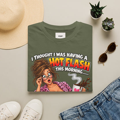 Hot Flash Coffee Tee — Funny Menopause T-Shirt (‘My Boobs Fell in the Coffee’)
