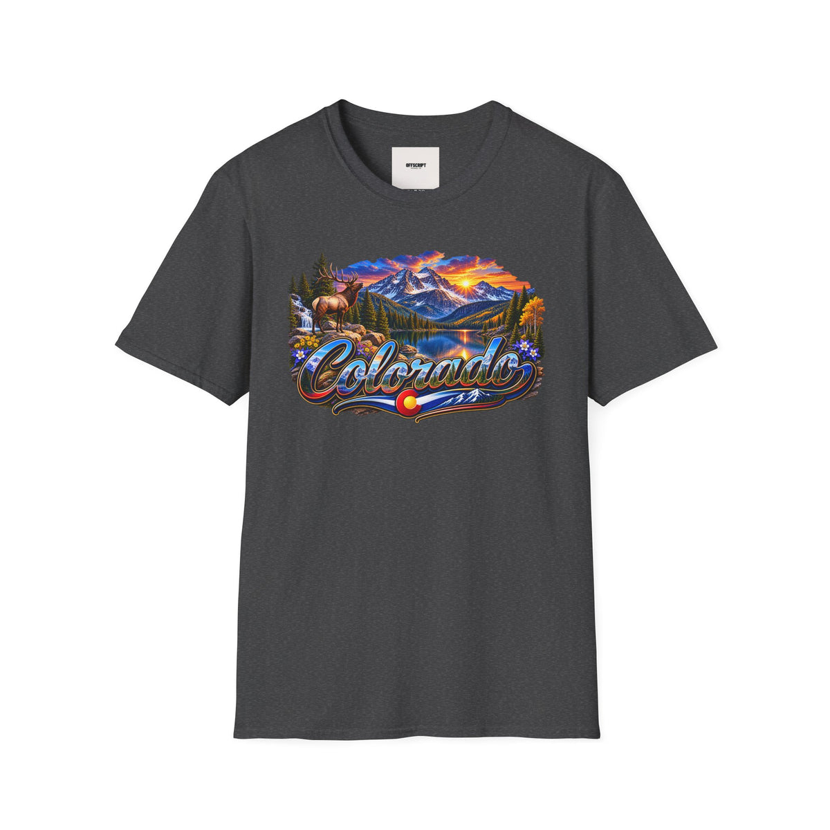Colorado Scenic T‑Shirt — Mountain Sunset Landscape with Elk and State Script