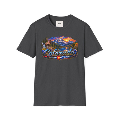 Colorado Scenic T‑Shirt — Mountain Sunset Landscape with Elk and State Script