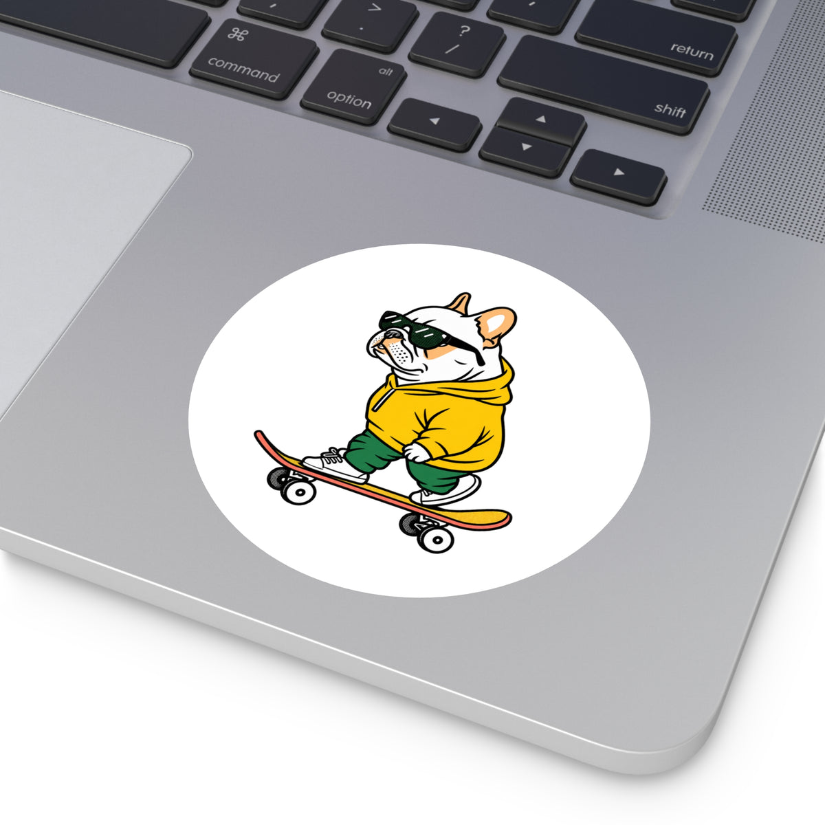 Skater Bulldog Round Sticker — Cool Frenchie on Skateboard, Indoor/Outdoor Decal