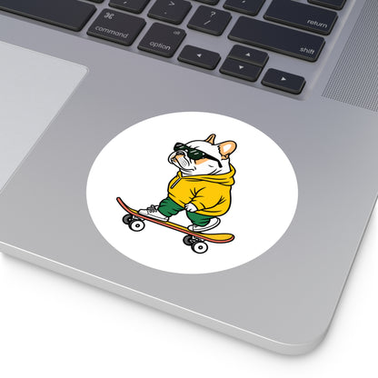 Skater Bulldog Round Sticker — Cool Frenchie on Skateboard, Indoor/Outdoor Decal