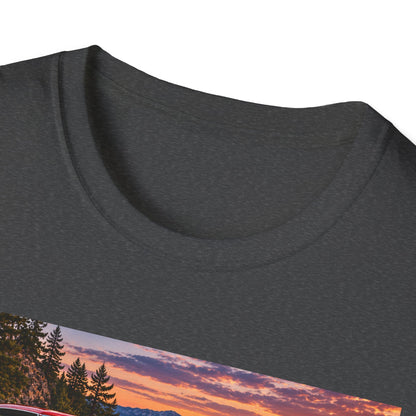 Classic Red Muscle Car T-Shirt — Vintage Pontiac Sunset Driving Tee