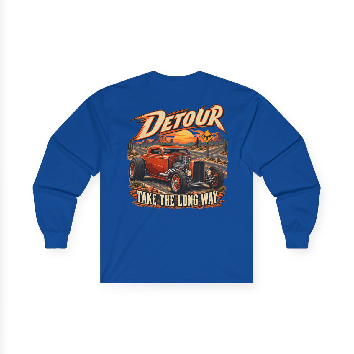 Detour Classic Car Long Sleeve Tee – 'Take The Long Way' Vintage Hot Rod Shirt