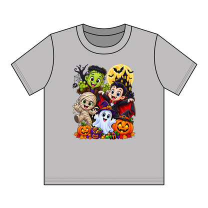 Kids Halloween Crew Neck T-Shirt — Cute Cartoon Monsters, Ghost & Pumpkins