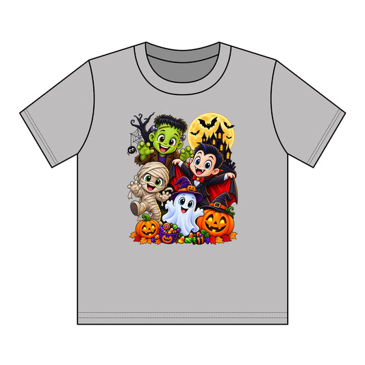Kids Halloween Crew Neck T-Shirt — Cute Cartoon Monsters, Ghost & Pumpkins