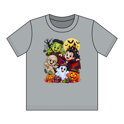 Kids Halloween Crew Neck T-Shirt — Cute Cartoon Monsters, Ghost & Pumpkins