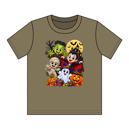 Kids Halloween Crew Neck T-Shirt — Cute Cartoon Monsters, Ghost & Pumpkins