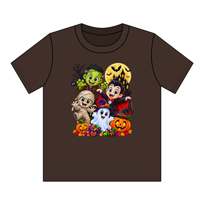 Kids Halloween Crew Neck T-Shirt — Cute Cartoon Monsters, Ghost & Pumpkins