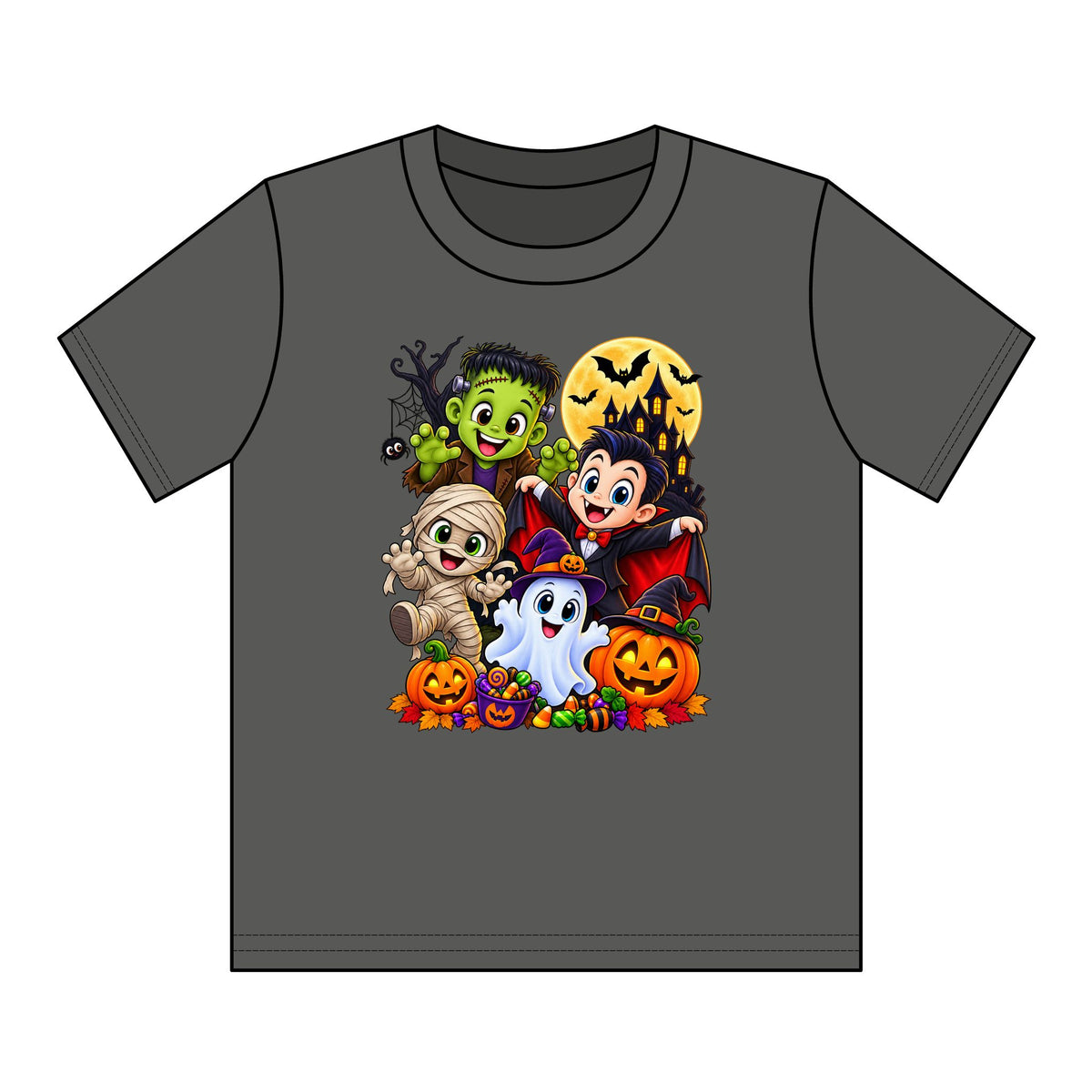 Kids Halloween Crew Neck T-Shirt — Cute Cartoon Monsters, Ghost & Pumpkins