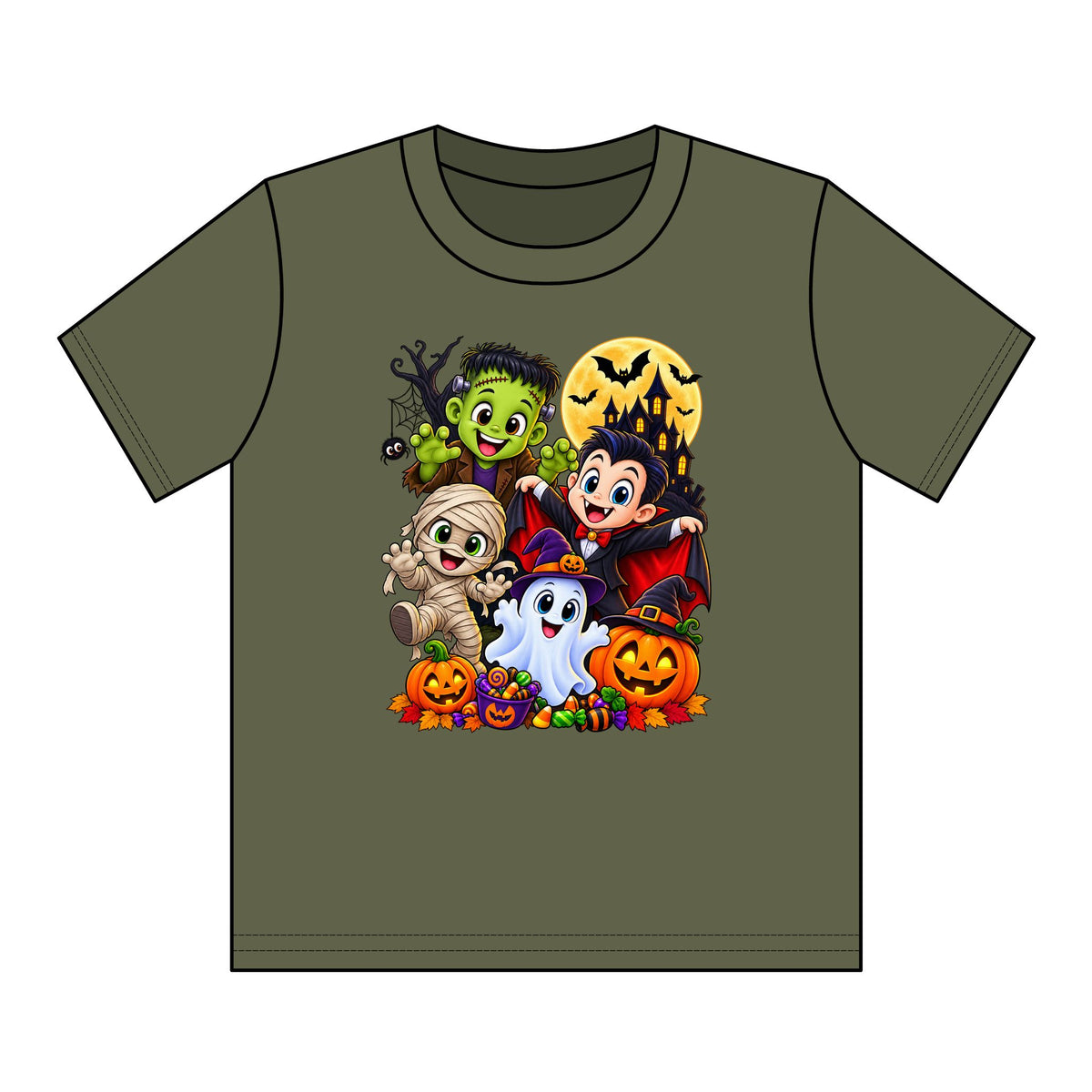 Kids Halloween Crew Neck T-Shirt — Cute Cartoon Monsters, Ghost & Pumpkins