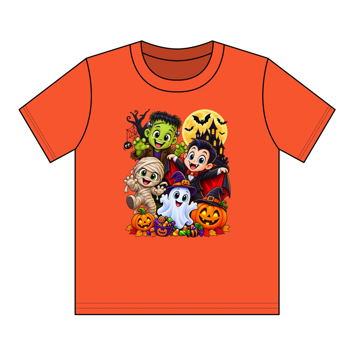 Kids Halloween Crew Neck T-Shirt — Cute Cartoon Monsters, Ghost & Pumpkins