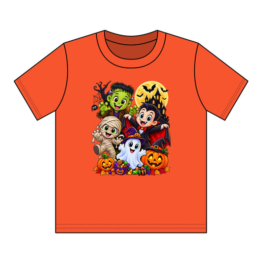 Kids Halloween Crew Neck T-Shirt — Cute Cartoon Monsters, Ghost & Pumpkins