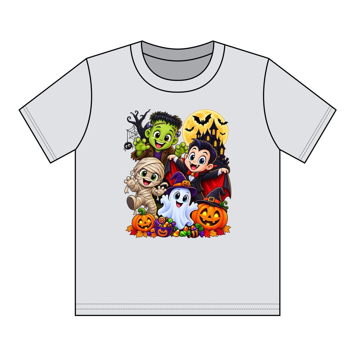 Kids Halloween Crew Neck T-Shirt — Cute Cartoon Monsters, Ghost & Pumpkins
