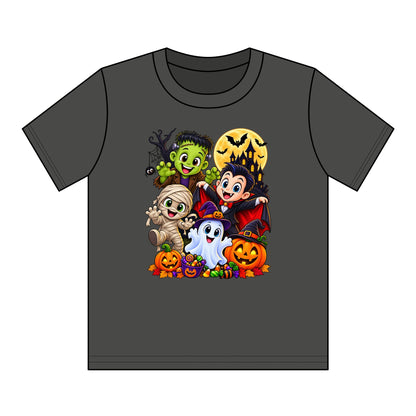 Kids Halloween Crew Neck T-Shirt — Cute Cartoon Monsters, Ghost & Pumpkins