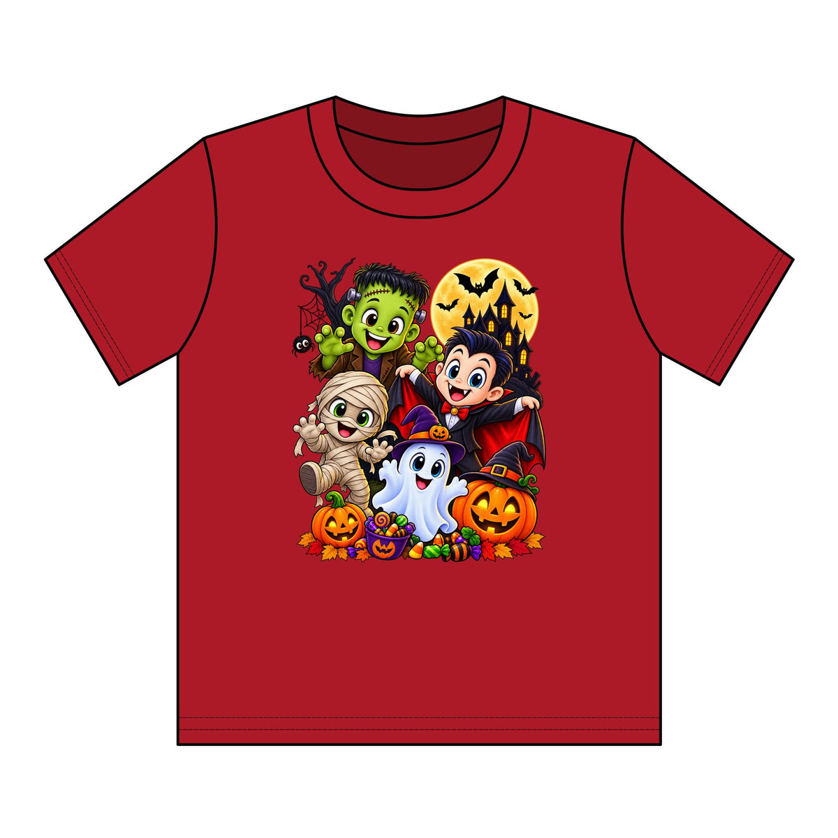 Kids Halloween Crew Neck T-Shirt — Cute Cartoon Monsters, Ghost & Pumpkins