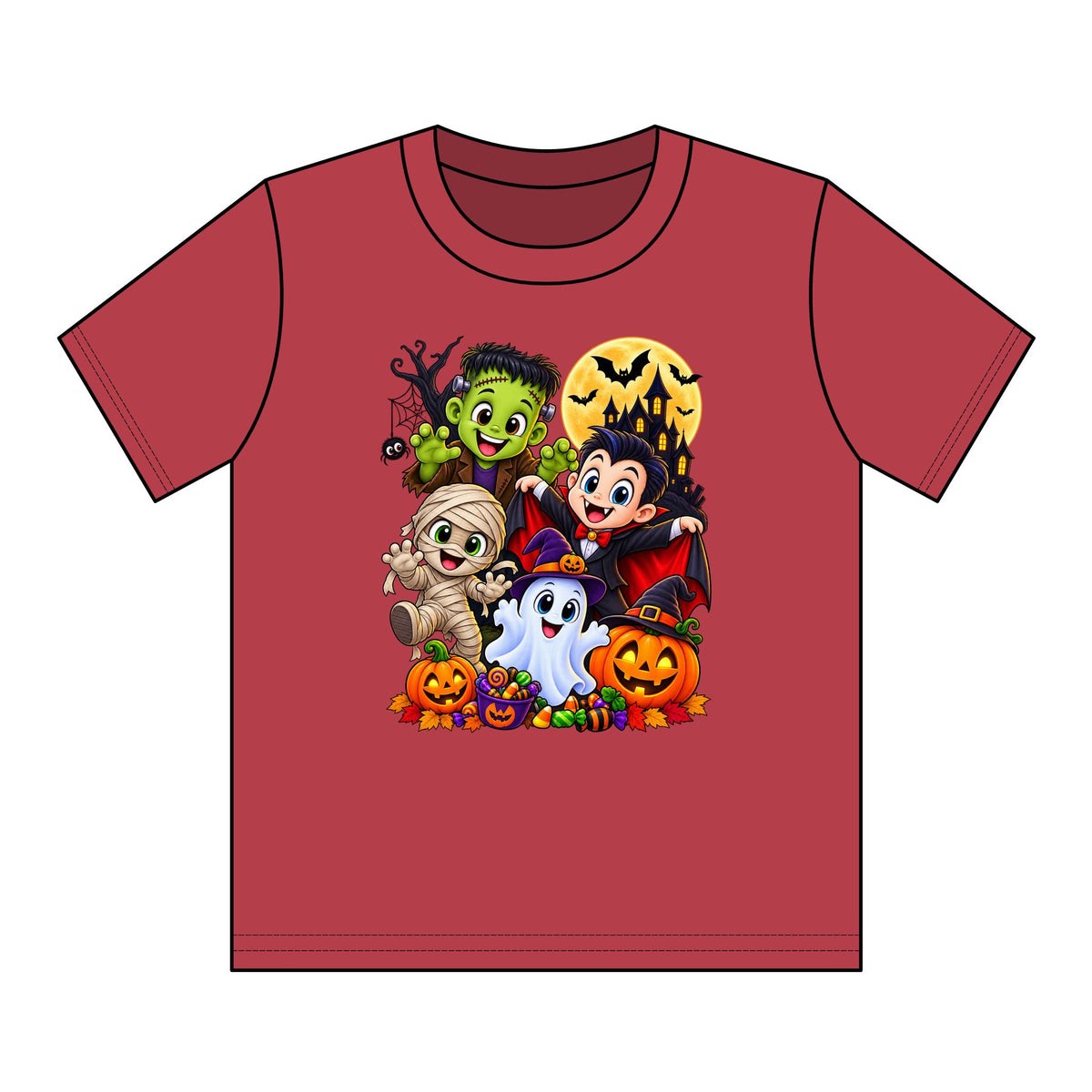 Kids Halloween Crew Neck T-Shirt — Cute Cartoon Monsters, Ghost & Pumpkins