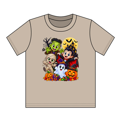 Kids Halloween Crew Neck T-Shirt — Cute Cartoon Monsters, Ghost & Pumpkins