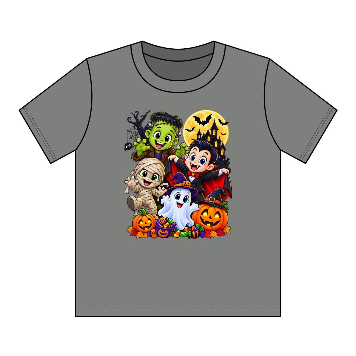Kids Halloween Crew Neck T-Shirt — Cute Cartoon Monsters, Ghost & Pumpkins