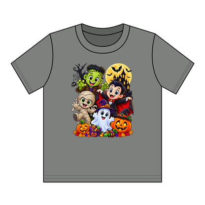 Kids Halloween Crew Neck T-Shirt — Cute Cartoon Monsters, Ghost & Pumpkins
