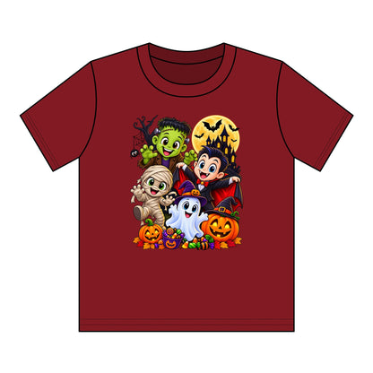 Kids Halloween Crew Neck T-Shirt — Cute Cartoon Monsters, Ghost & Pumpkins
