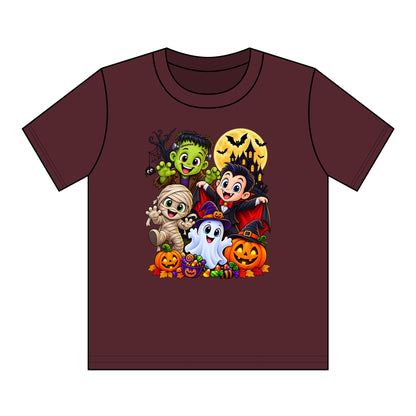 Kids Halloween Crew Neck T-Shirt — Cute Cartoon Monsters, Ghost & Pumpkins