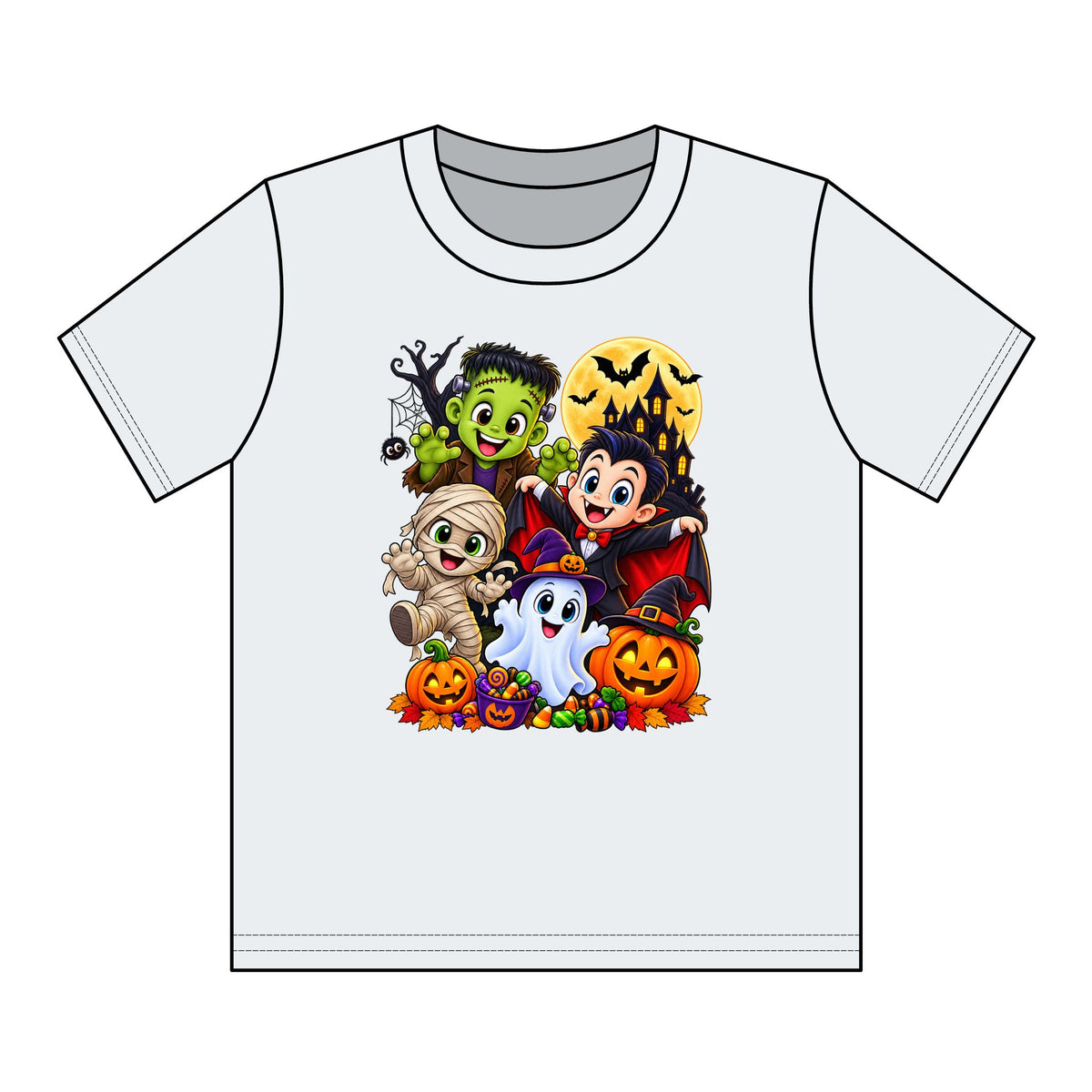 Kids Halloween Crew Neck T-Shirt — Cute Cartoon Monsters, Ghost & Pumpkins