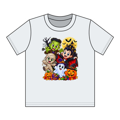 Kids Halloween Crew Neck T-Shirt — Cute Cartoon Monsters, Ghost & Pumpkins