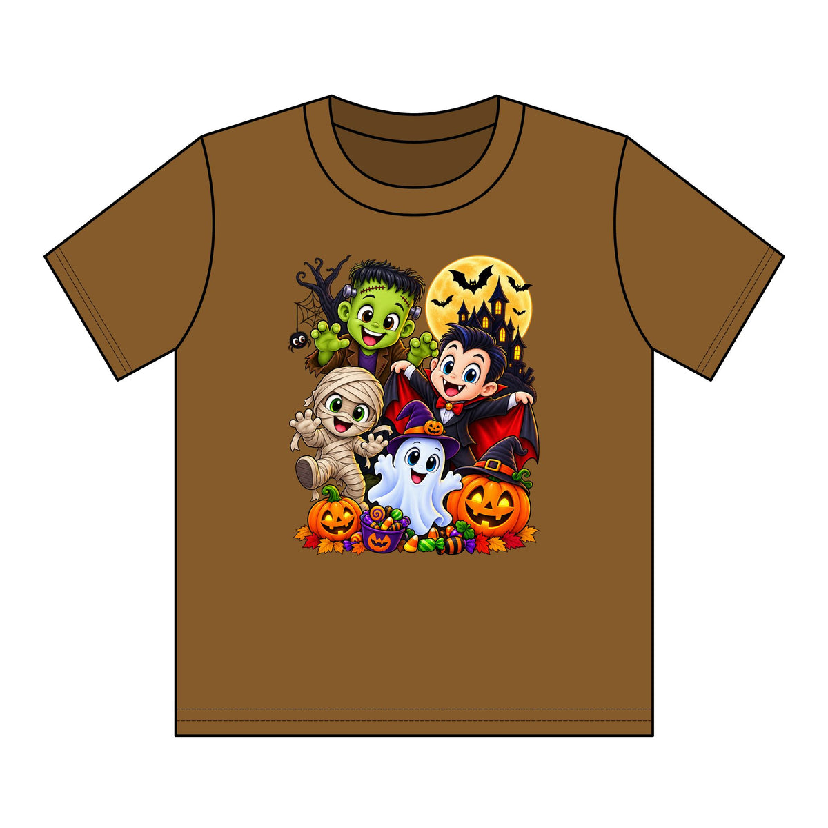 Kids Halloween Crew Neck T-Shirt — Cute Cartoon Monsters, Ghost & Pumpkins