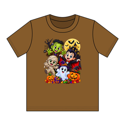 Kids Halloween Crew Neck T-Shirt — Cute Cartoon Monsters, Ghost & Pumpkins