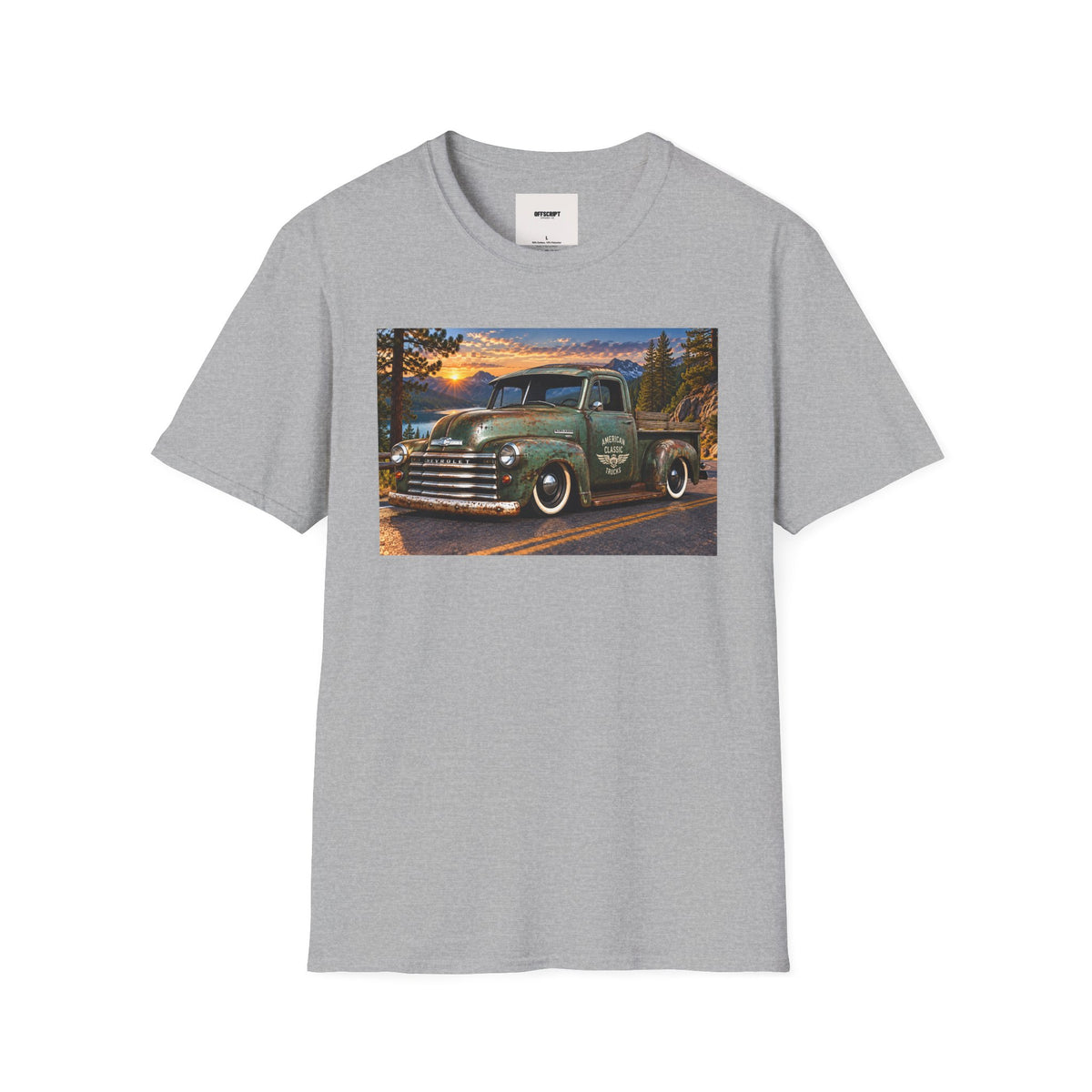 Vintage Green Pickup Truck T-Shirt — Retro Rustic Sunset Road Tee