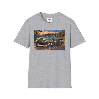 Vintage Green Pickup Truck T-Shirt — Retro Rustic Sunset Road Tee