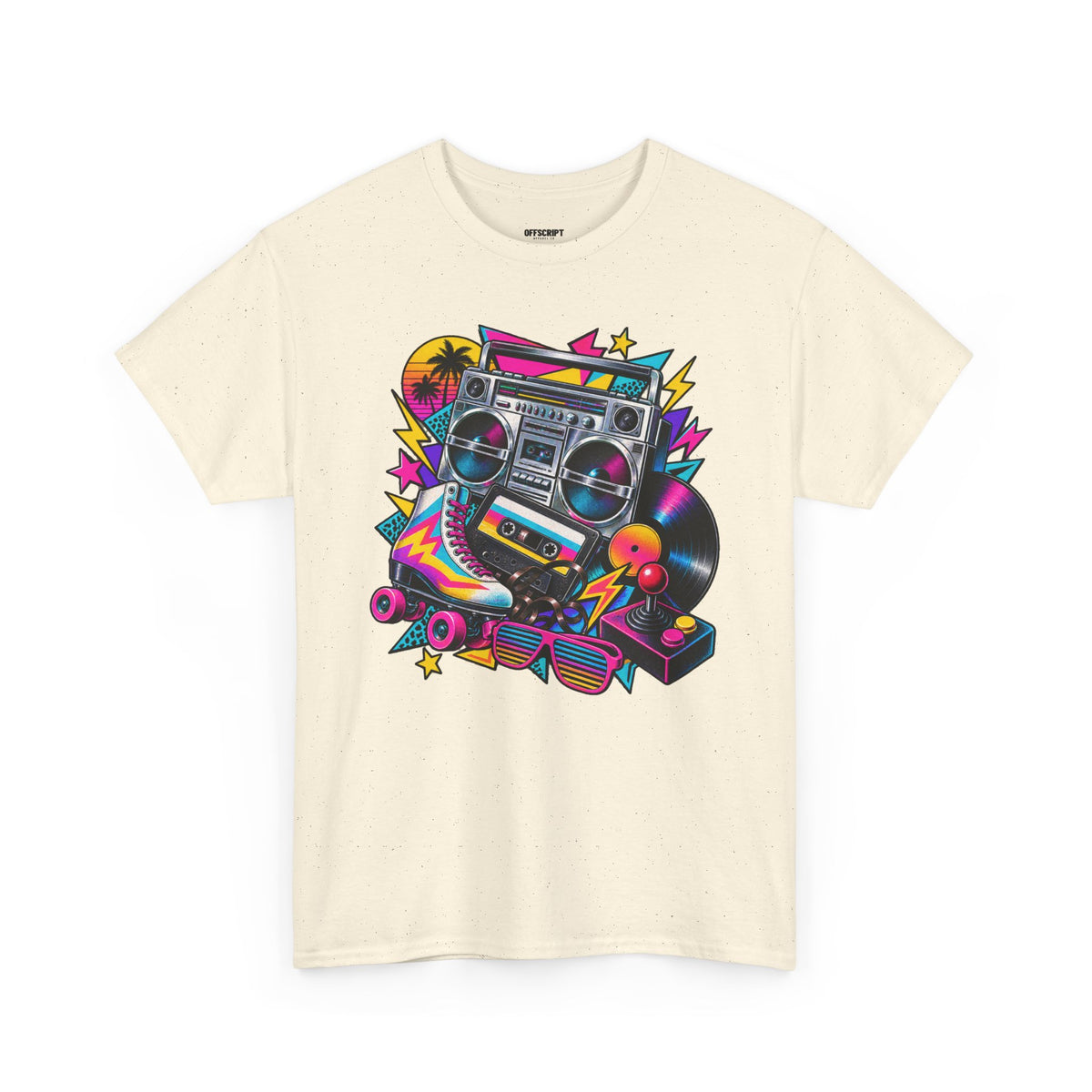 Retro Boombox Tee — 80s Neon Music Graphic T-Shirt