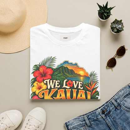 We Love Kauai T-Shirt — Hawaiian Island Sunset Floral Tee