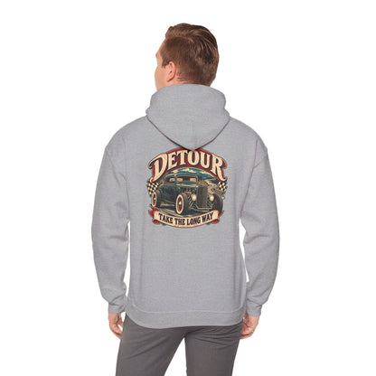 Detour Vintage Hot Rod Hoodie — "Take The Long Way" Classic Car Sweatshirt