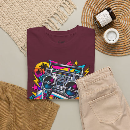 Retro Boombox Tee — 80s Neon Music Graphic T-Shirt
