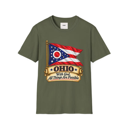 Ohio Flag T-Shirt — "With God All Things Are Possible" Patriotic Tee