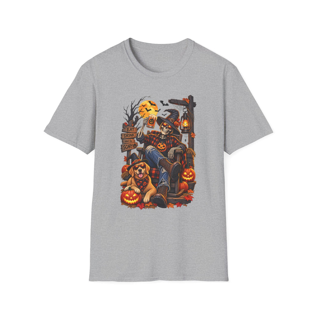 Halloween Skeleton Scarecrow T-Shirt — 'Eat Drink & Be Scary' Pumpkin Dog Tee