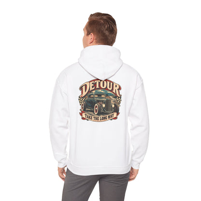 Detour Vintage Hot Rod Hoodie — "Take The Long Way" Classic Car Sweatshirt