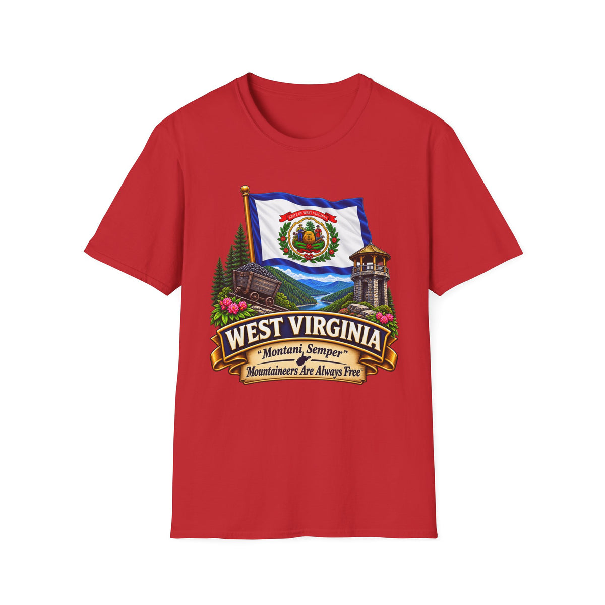 West Virginia Flag T-Shirt — State Pride Scenic Design ("Mountaineers Are Always Free")