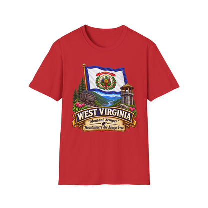 West Virginia Flag T-Shirt — State Pride Scenic Design ("Mountaineers Are Always Free")