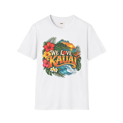 We Love Kauai T-Shirt — Hawaiian Island Sunset Floral Tee