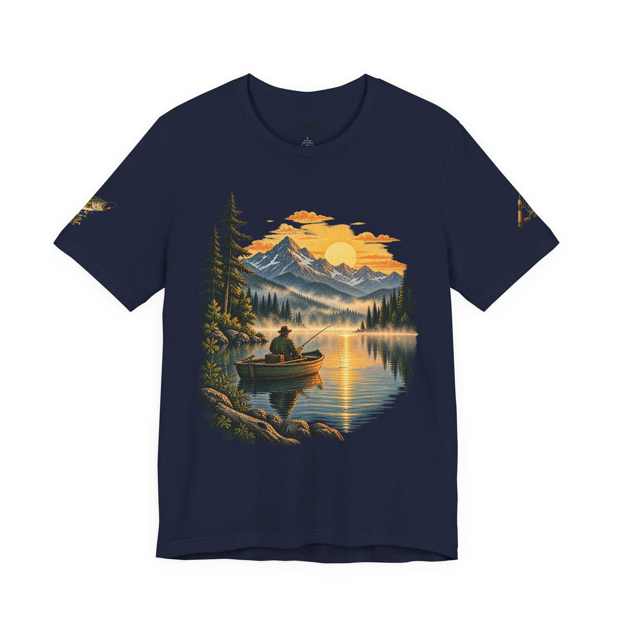Sunset Lake Fishing T-Shirt — Mountain Boat Fishing Graphic Tee