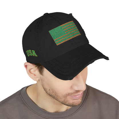 Embroidered Distressed Dad Hat — Green & Gold Flag Patch
