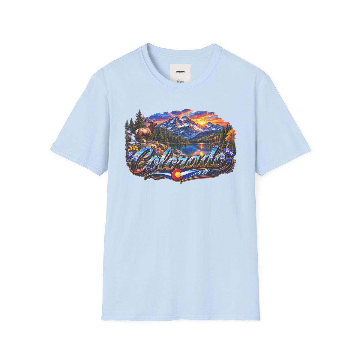 Colorado Scenic T‑Shirt — Mountain Sunset Landscape with Elk and State Script