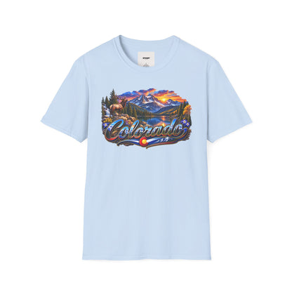 Colorado Scenic T‑Shirt — Mountain Sunset Landscape with Elk and State Script